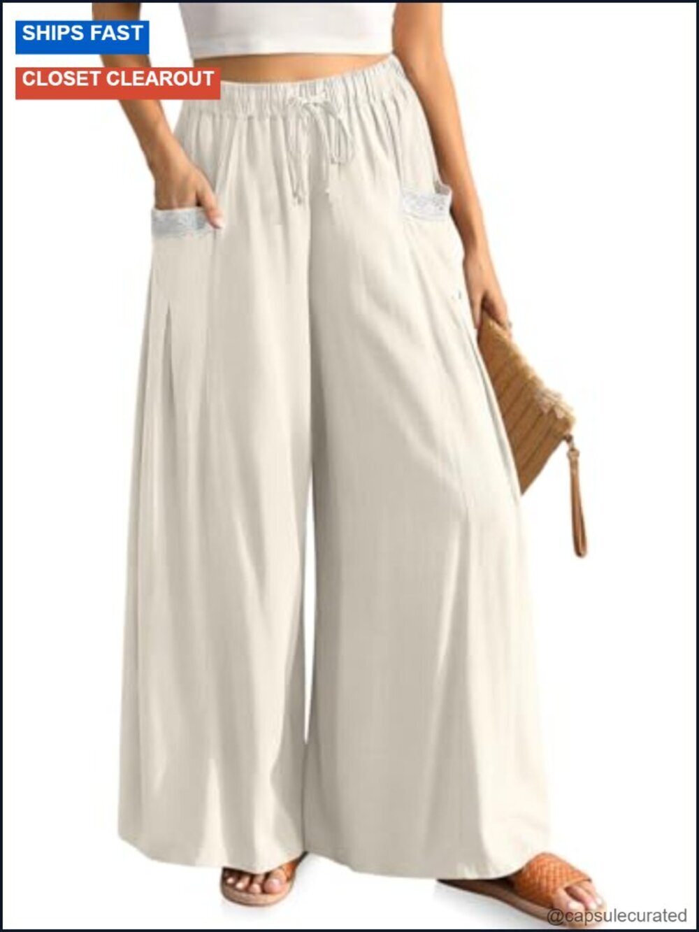 Linen Wide Leg Palazzo Pants with Pockets Drawstring Lounge Trousers Summer
